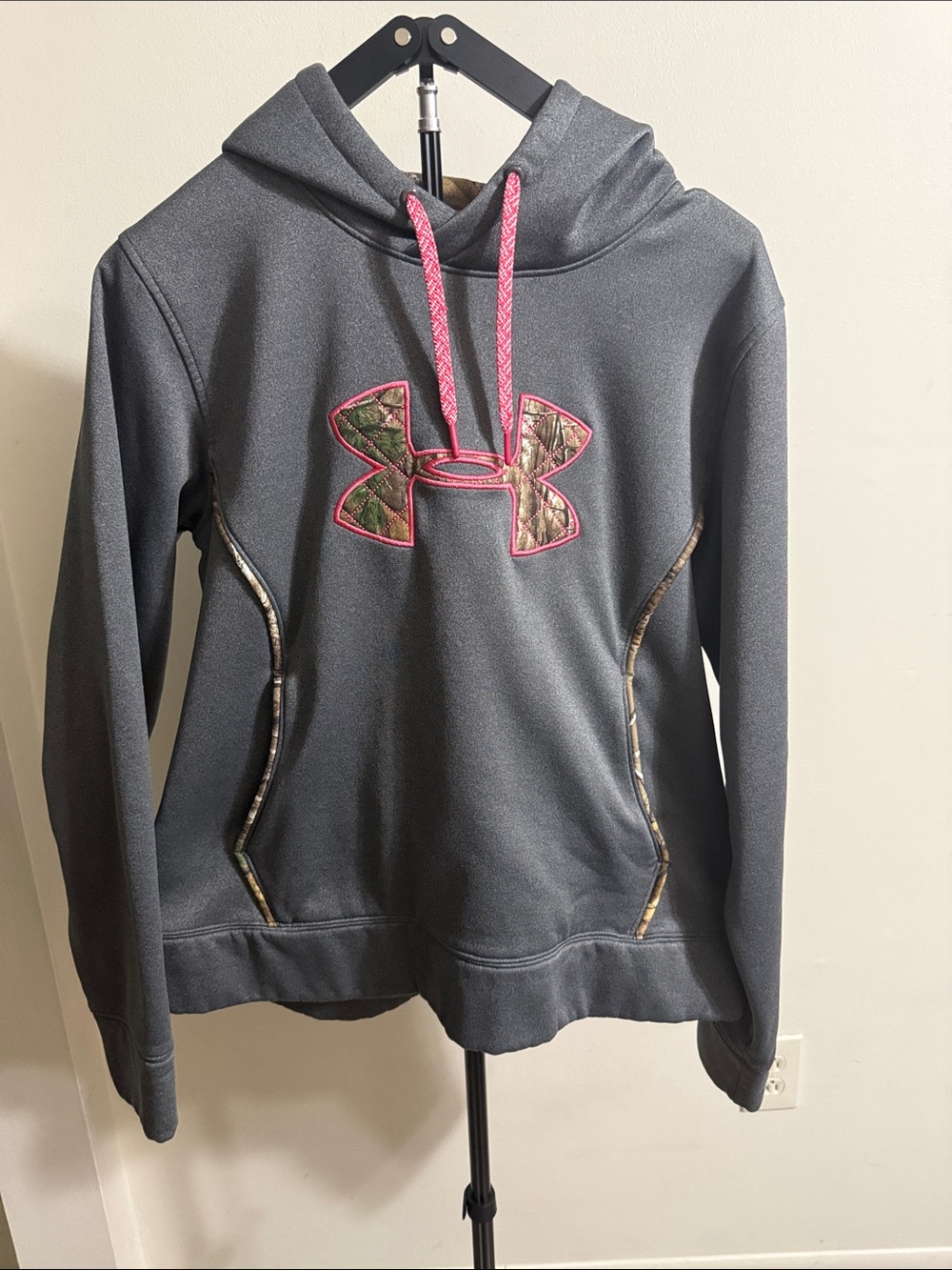 Under Armour Charcoal Hoodie with Pink Trim & Camo Logo